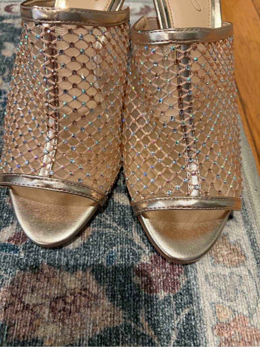 Jewel by Badgley Mischka Rose Gold Mesh Crystal Peep-Toe Mule Heels size 6.5 - Picture 2 of 6